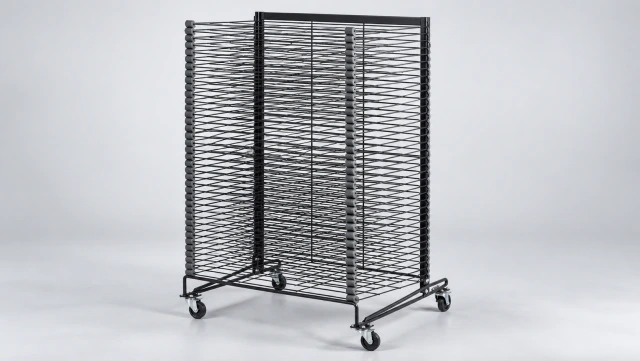 Screen drying racks — reference-based studio visualization